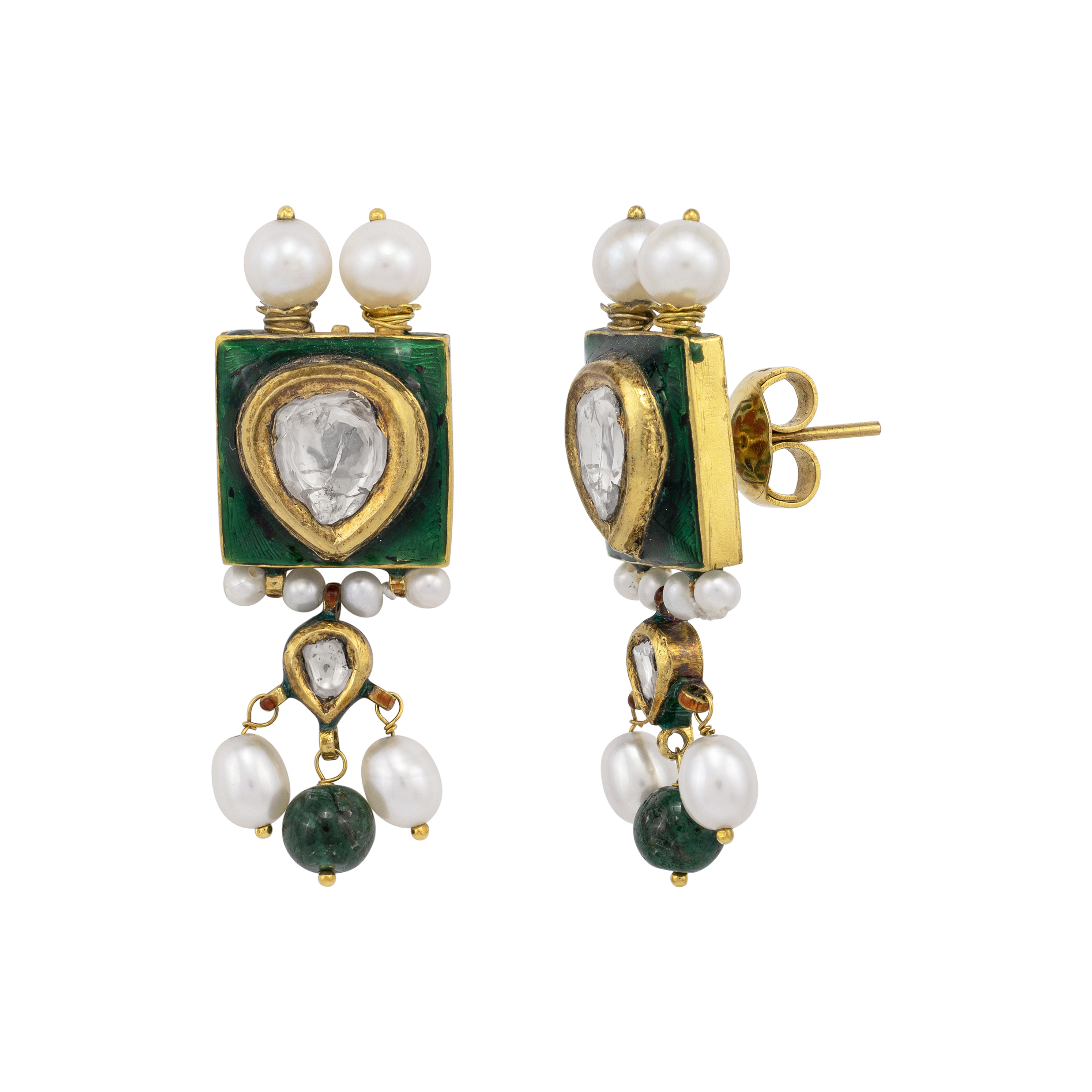 Green Meenakari Jadau Earrings with Pearls and Emerald Drops